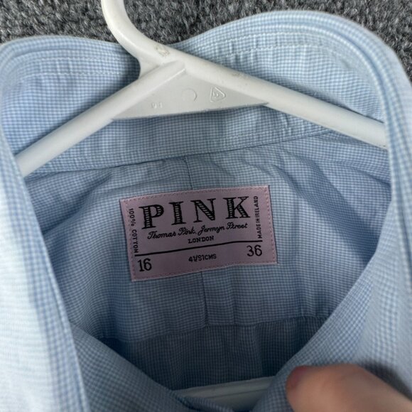 Thomas Pink Long Sleeve Button Up Shirt Men Cotton Blue Check Ireland 16 36 - Picture 7 of 13